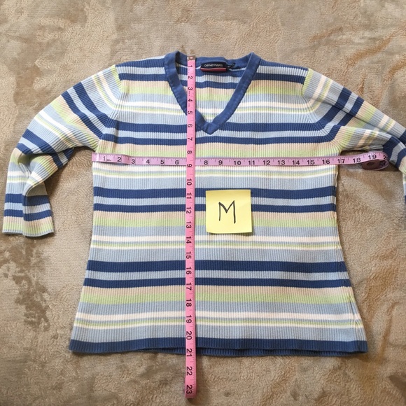 Denver Hayes blue green white striped cotton v-neck sweater Size M - Picture 7 of 7